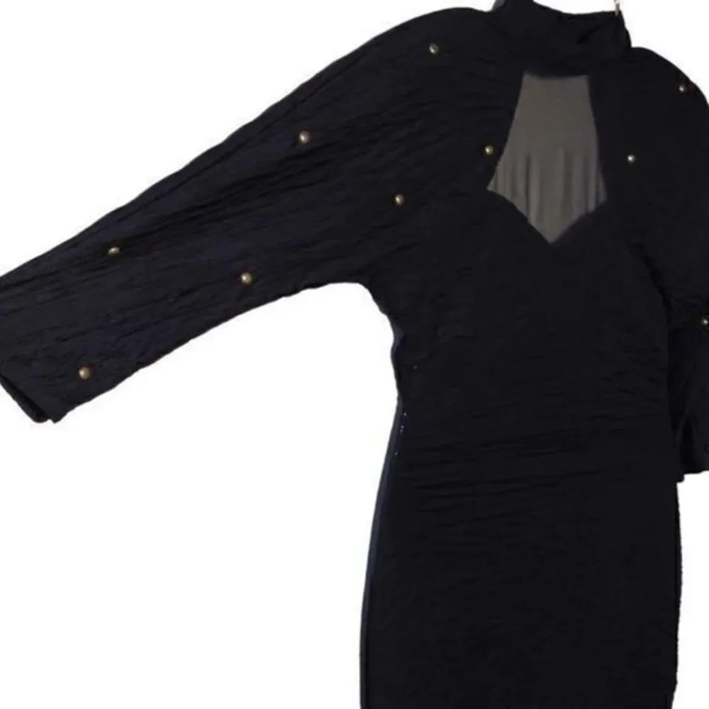Absolutely! 80s Black Bodycon Mini Dress with Brass Stud Detailing and Choker Ne